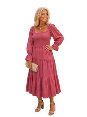&merci Smocked Square-Neck Midi Dress in Dusty Rose Size Small
